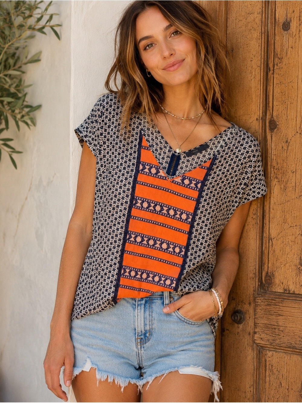 Anthropologie THML Mixed Print Boho Top Rayon V-Neck Orange Navy Medium